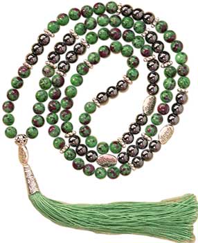 Ruby Zoisite & Hematiite Leaves elastic mala